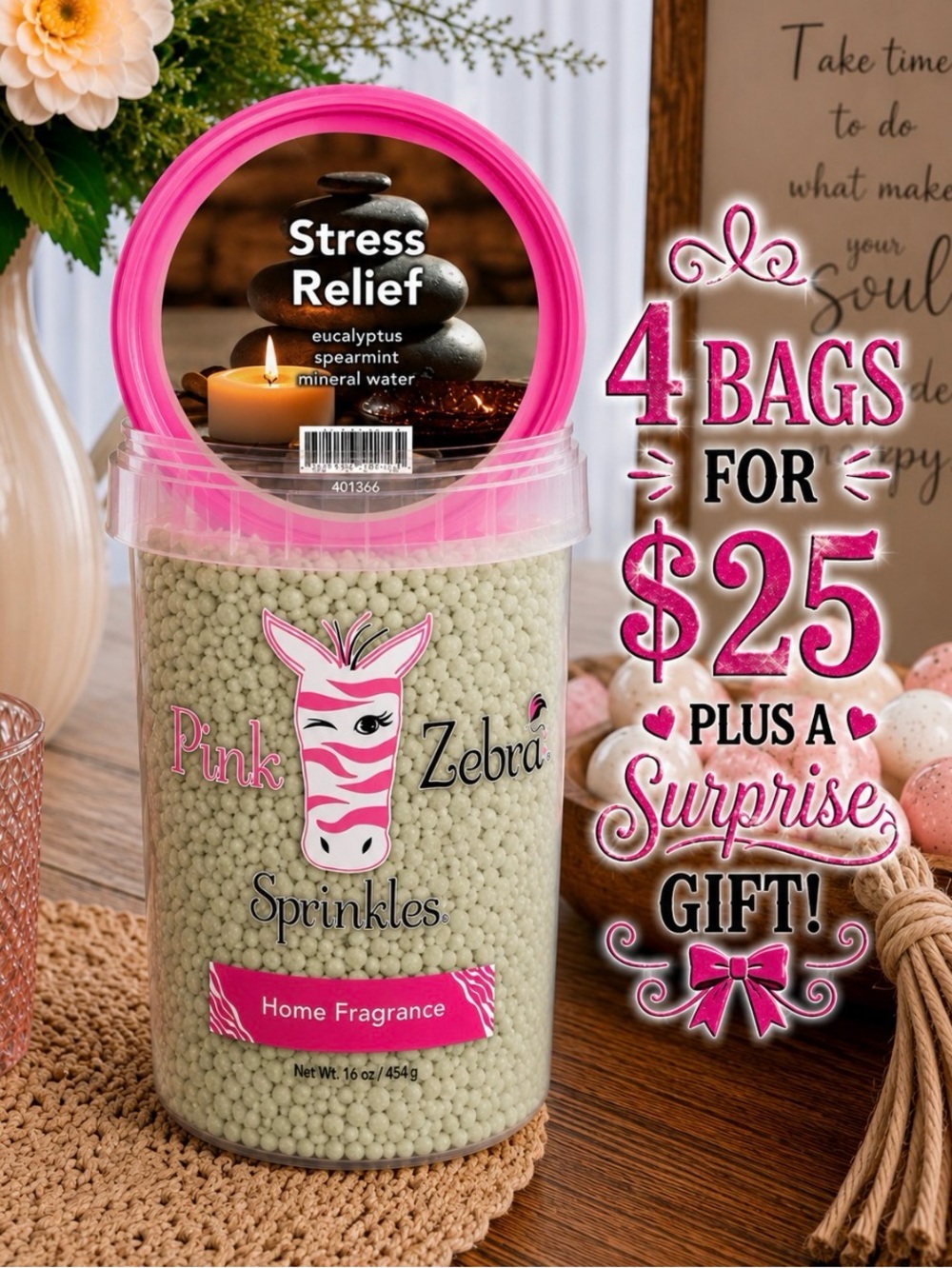 Pink Zebra Stress Relief Home Fragrance Soy Wax Melts 2oz 48 hour bag